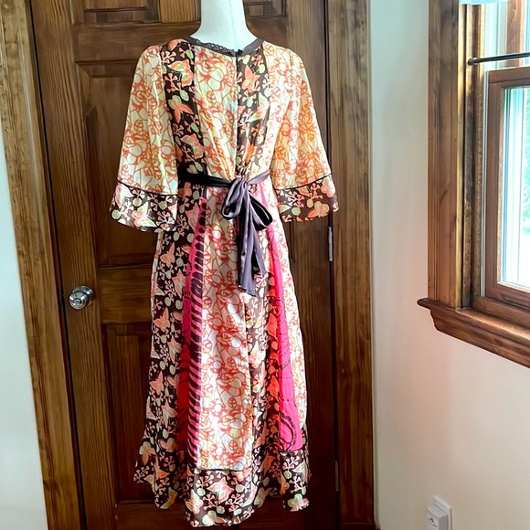 ANTHROPOLOGIE Vintage Y2K Butterfly BOHO Silk/Cotton Patchwork Kimono Dress S M - Picture 3 of 9